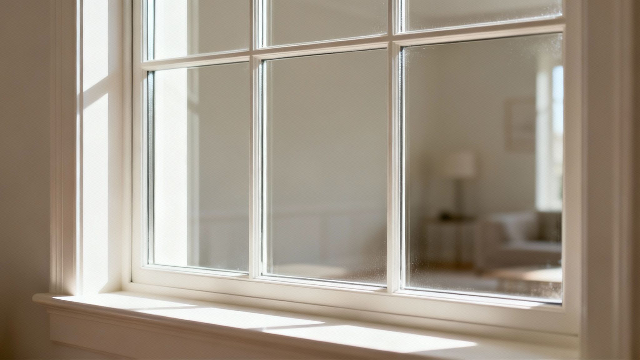 A person smiling while cleaning a large interior window, showing a clear, streak-free result.