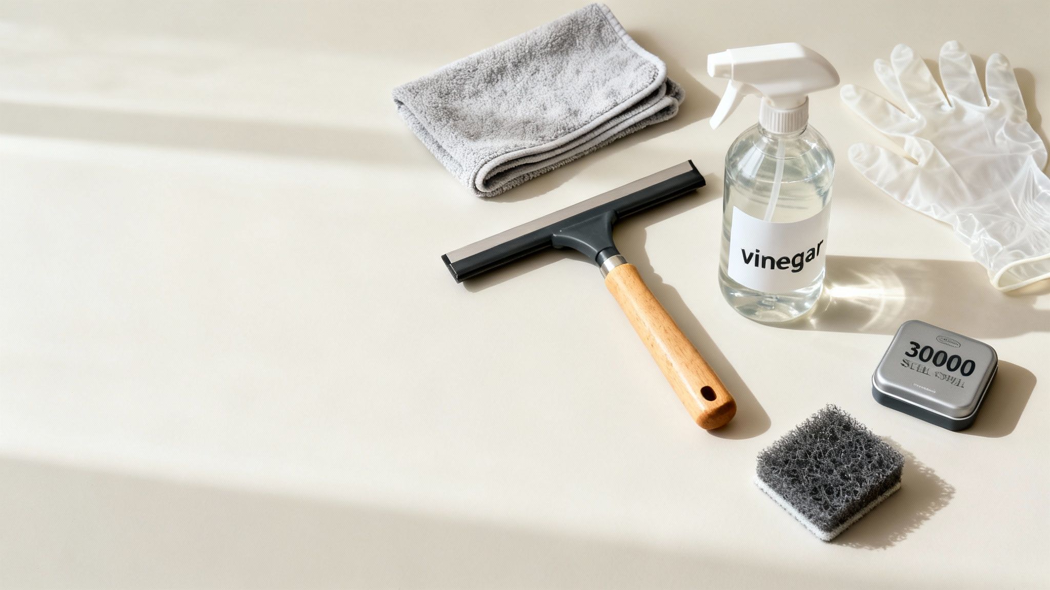 Natural cleaning supplies including vinegar spray bottle, squeegee, microfiber cloth and scrubbing sponge for window cleaning