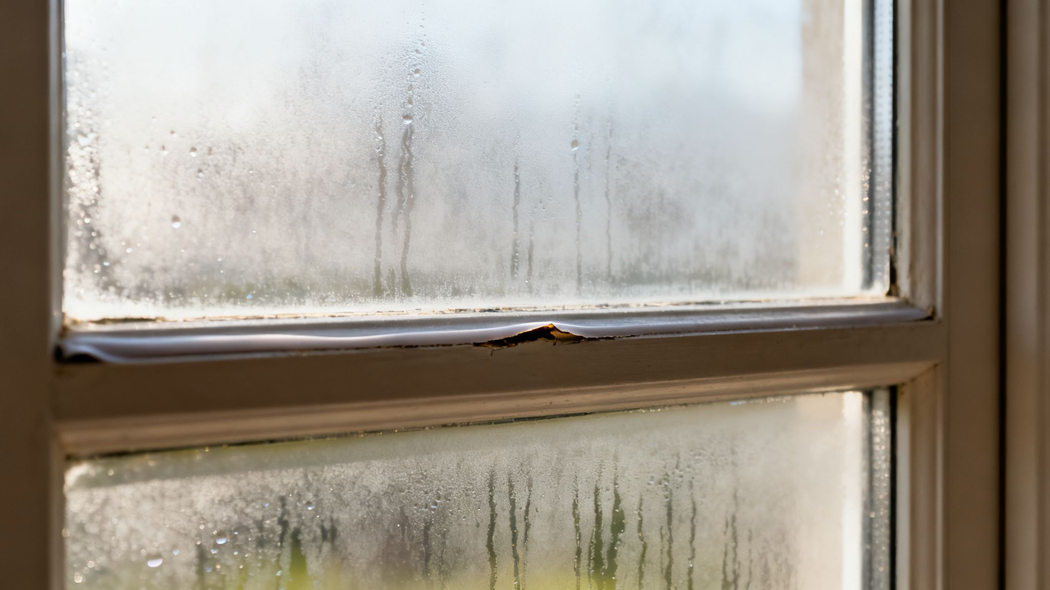 Close-up of a foggy window with condensation and peeling paint on the wooden frame, indicating moisture issues.