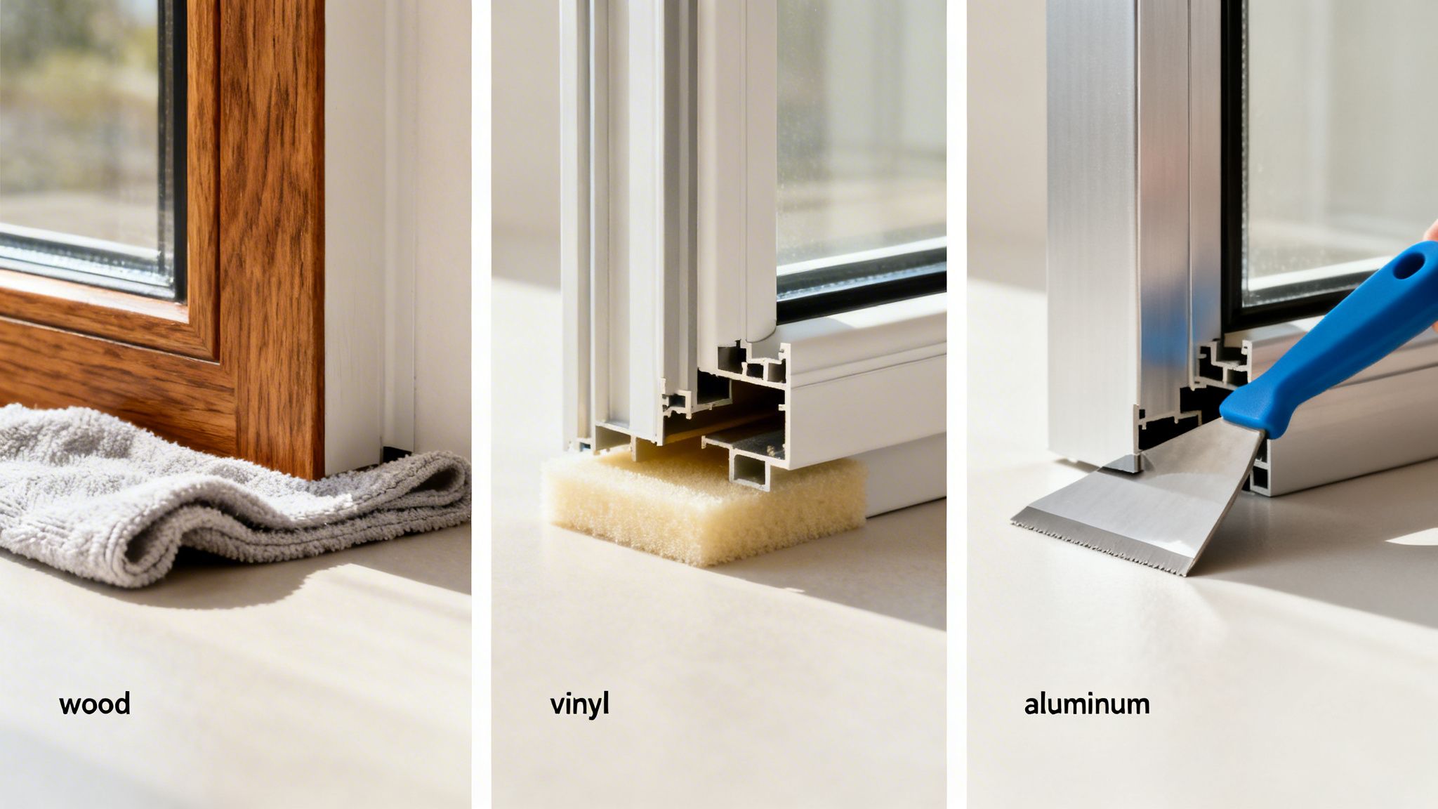 Close-up of three different window frame types: wood, vinyl, and aluminum, highlighting various materials.
