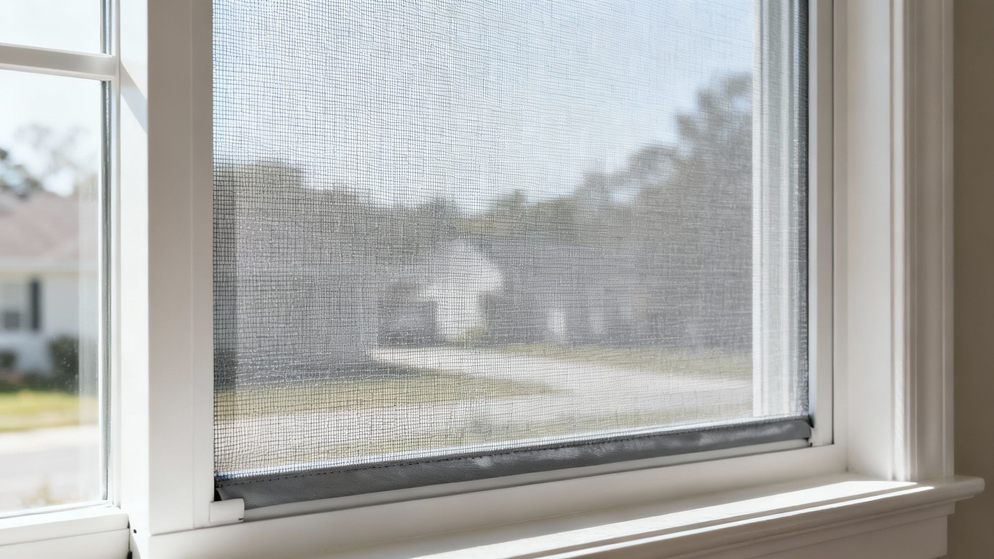 A close-up of a dark mesh retractable window screen pulled down in a white window frame, houses visible outside.