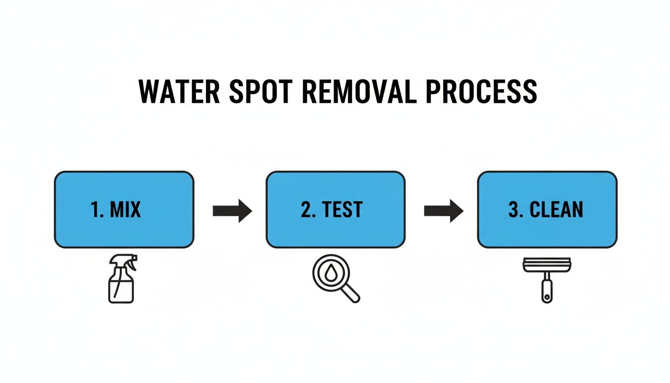 An infographic showing a three-step water spot removal process: mix, test, and clean.