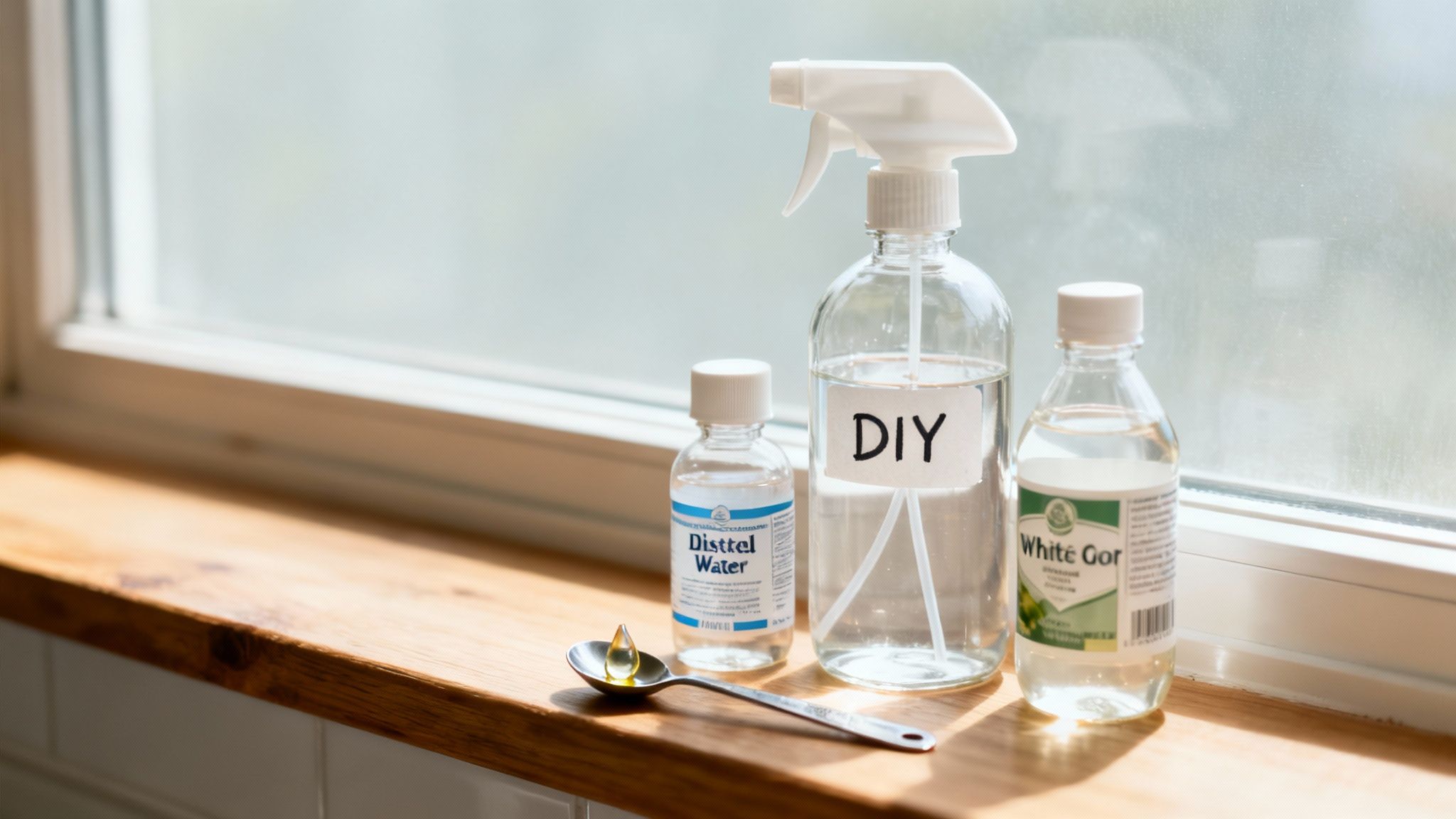 Ingredients for DIY window cleaner, including distilled water, white vinegar, and oil on a windowsill.