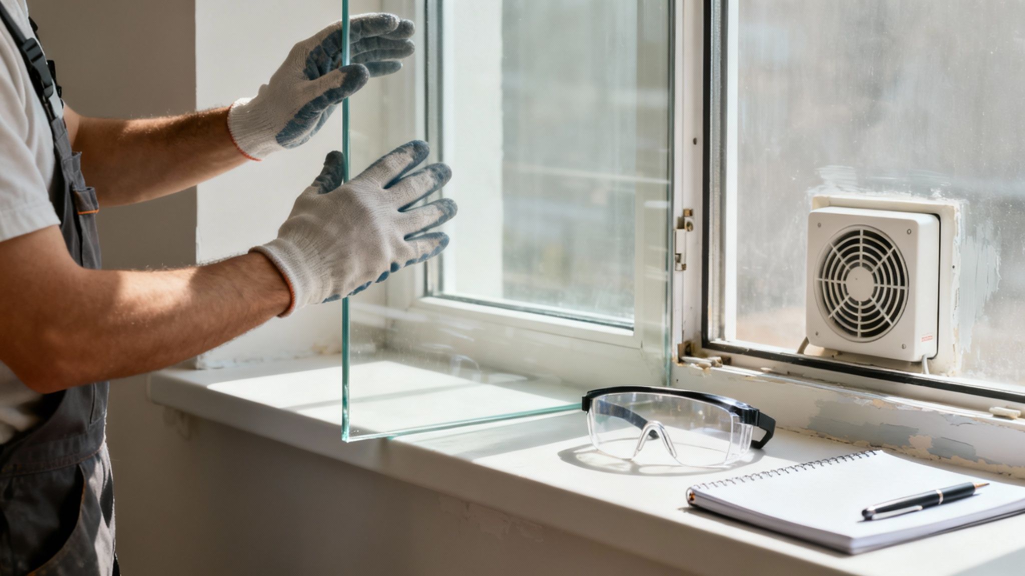 A person in work gloves carefully places a new glass pane into a window frame.