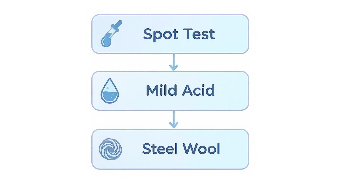Flow chart illustrating three steps: Spot Test with a dropper, Mild Acid with a water drop, and Steel Wool.