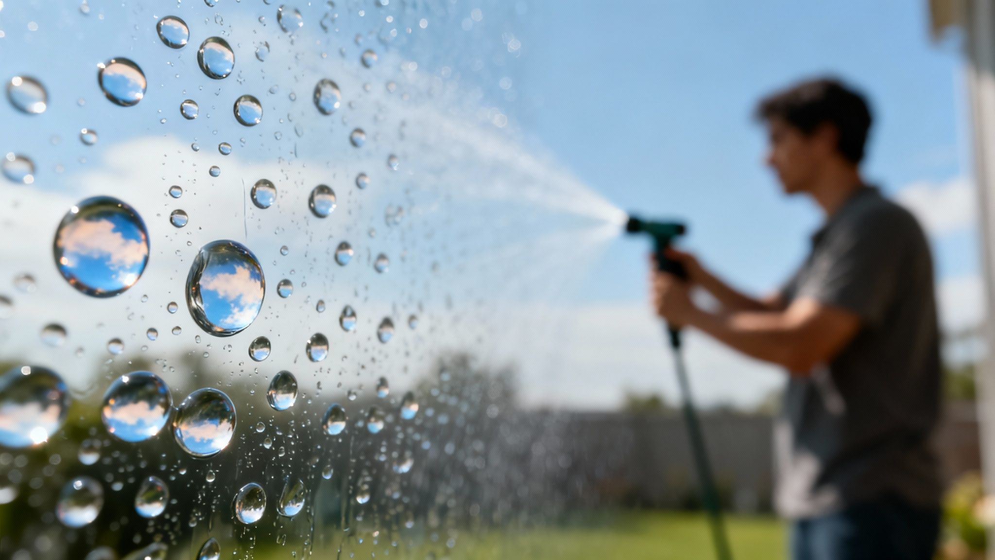 Professional window cleaner working on a high window with specialized equipment