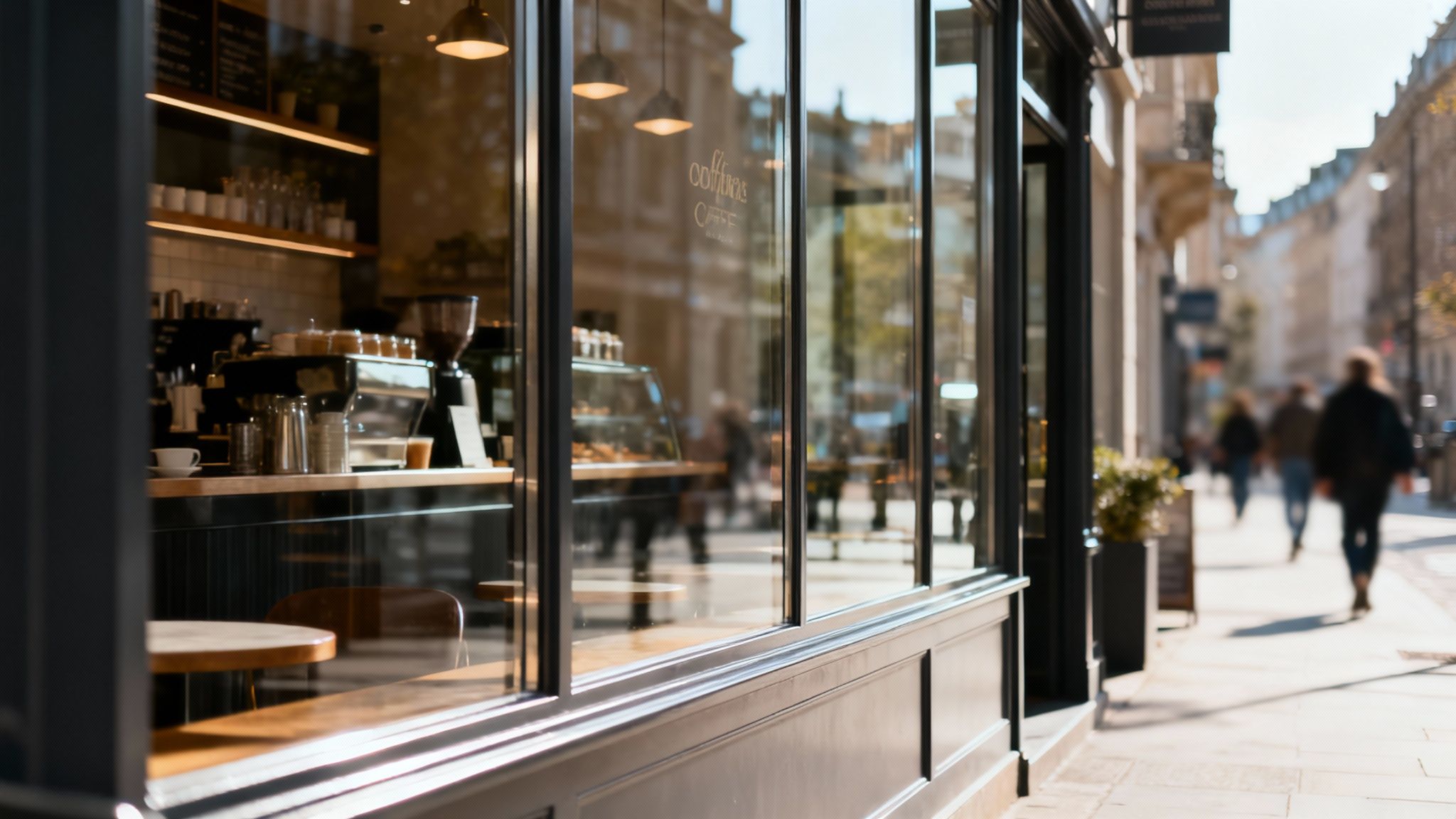 A clean, modern storefront with large, sparkling windows reflecting the street.