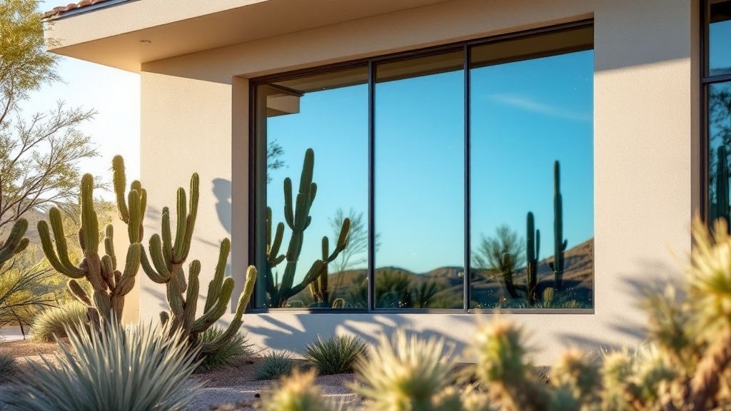 A professional window cleaner working on a commercial building in downtown Phoenix, with the city skyline in the background.