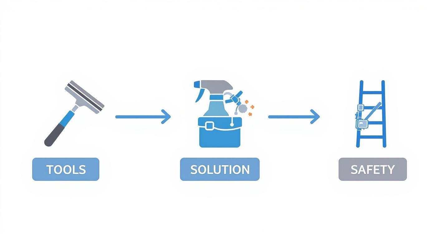 Icons illustrating the process of cleaning: tools, solution, and safety equipment for tasks like skylight cleaning.