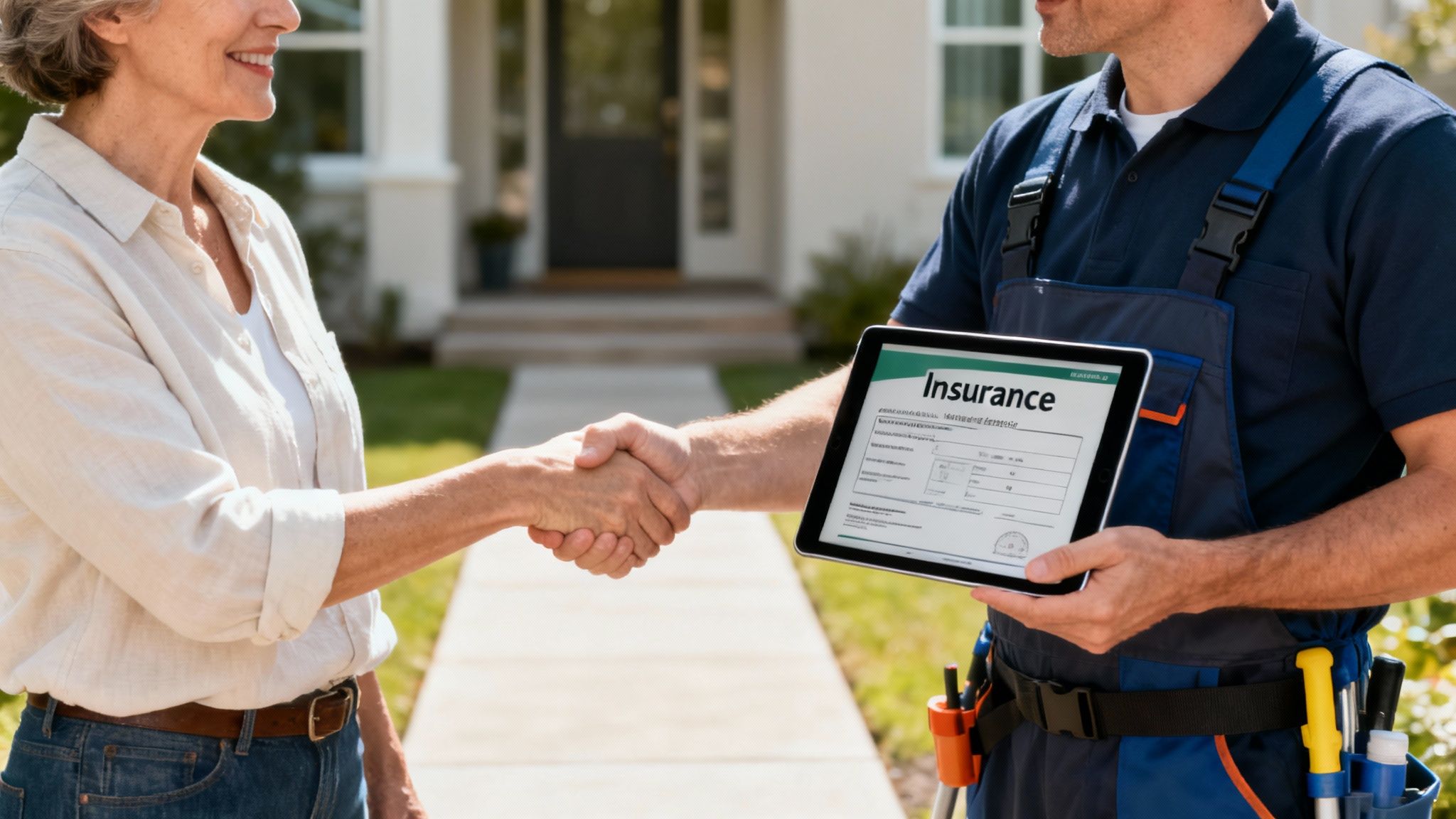 A homeowner shakes hands with a service person holding a tablet displaying an insurance form.