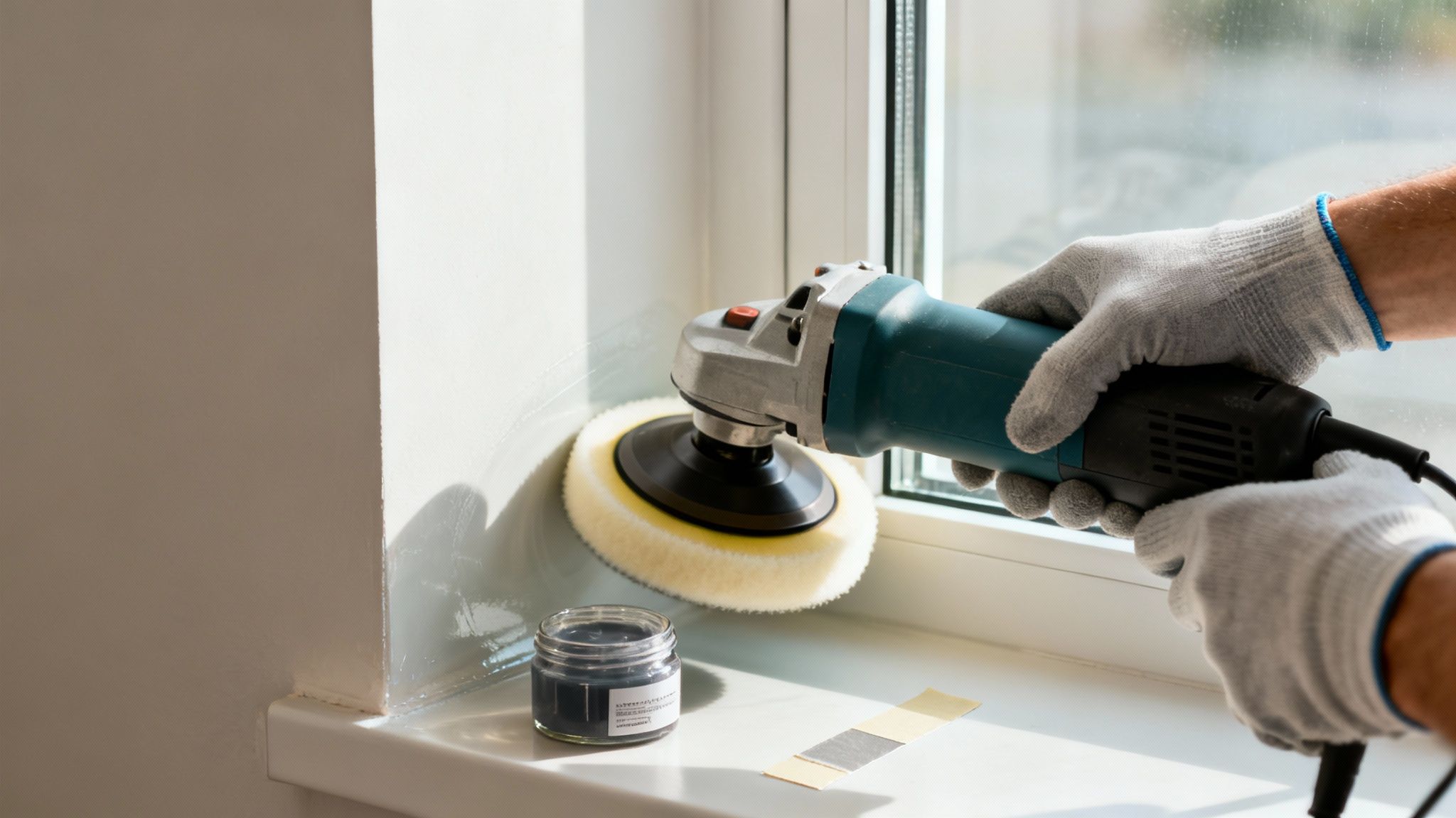 A person in gloves polishing a window frame with a rotary tool and cleaning paste.