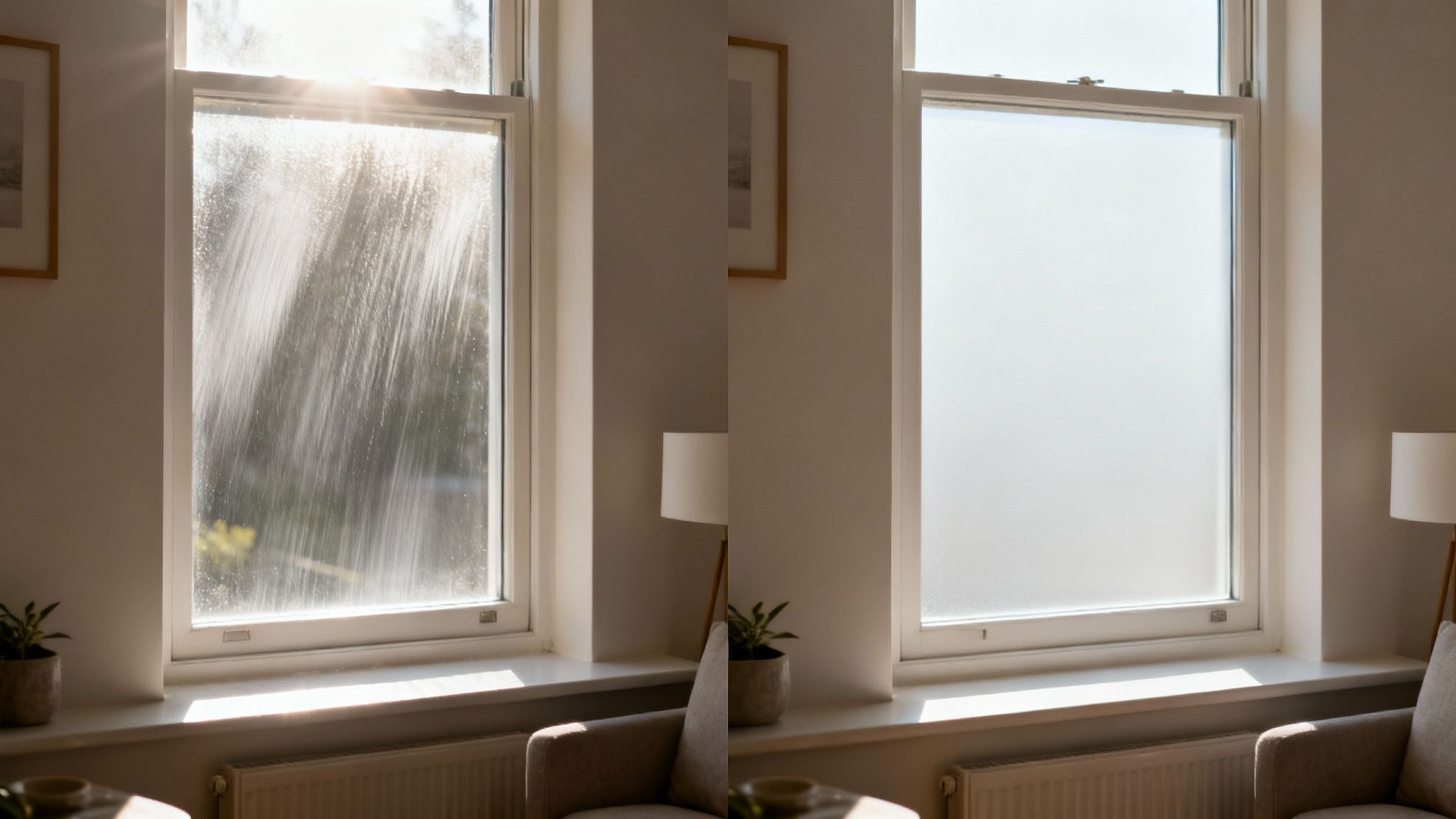 Side-by-side comparison of a dirty window with sunlight streaks and a clean, frosted privacy window.