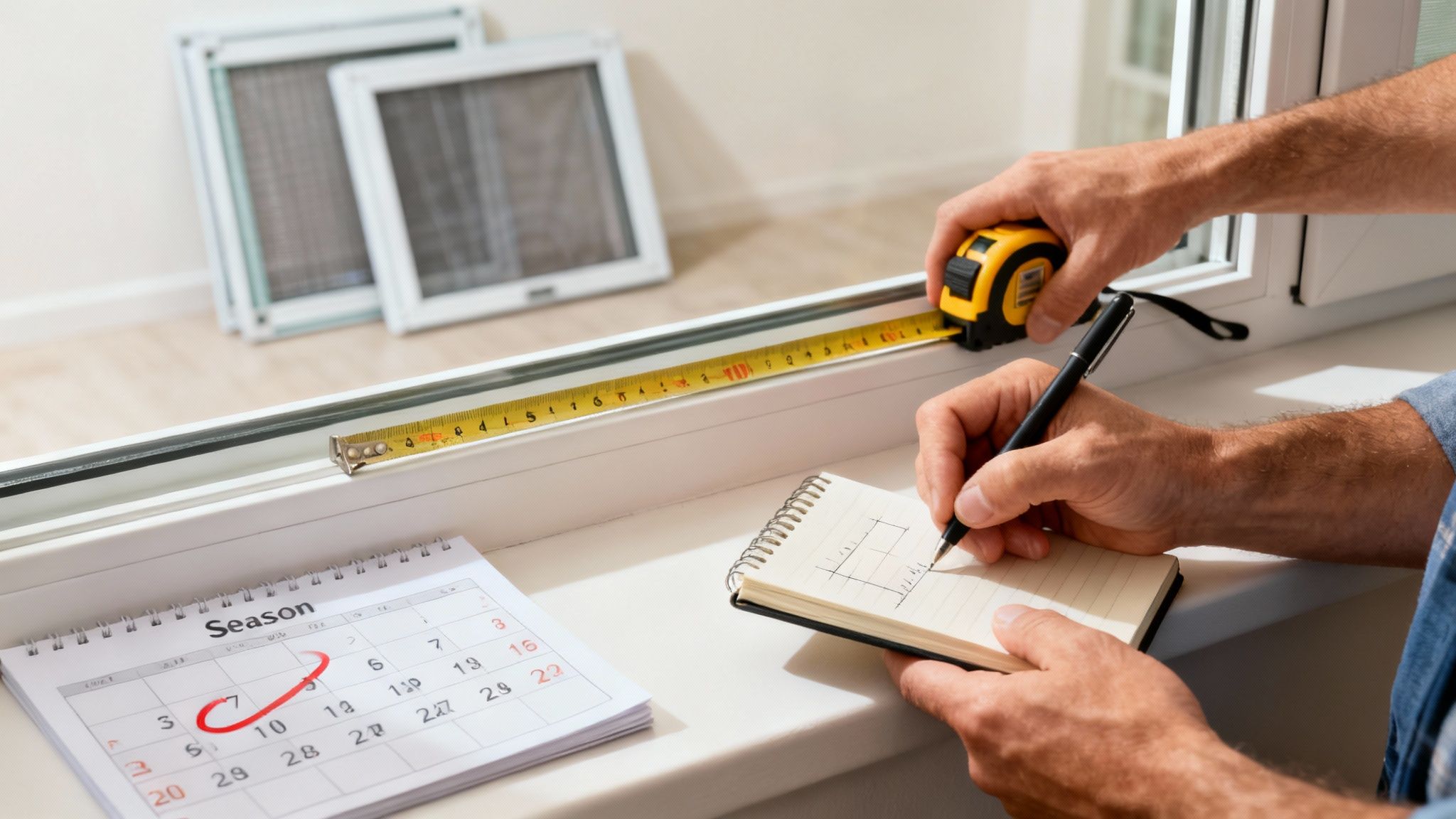 A person holding a measuring tape up to a window, preparing for a screen replacement project.