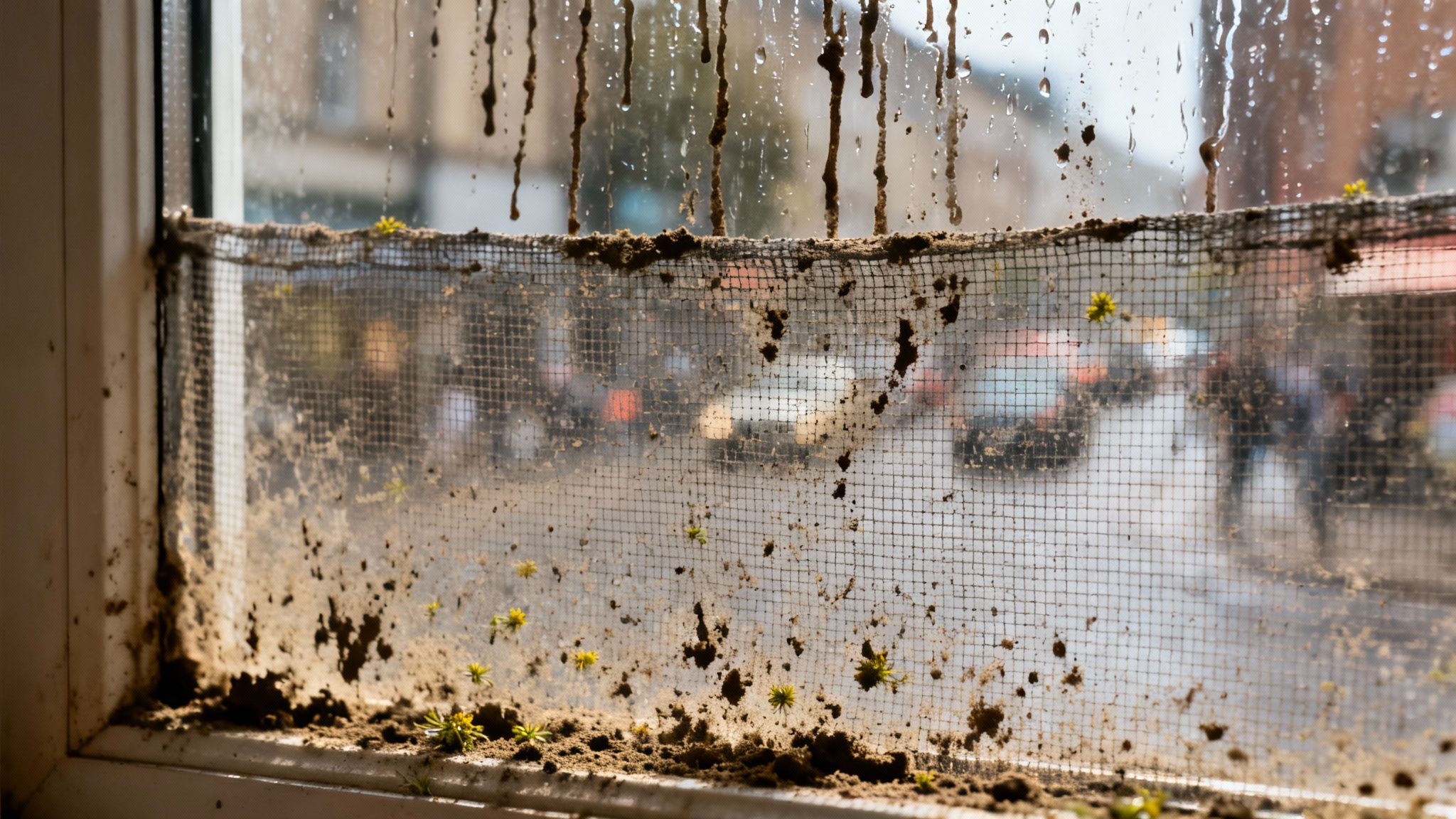 A severely dirty window with mud streaks, water spots, and small green plants growing on the screen.
