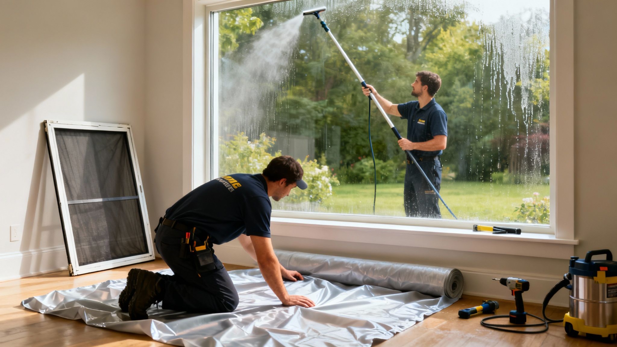 Two professional window cleaners working on a large window, one spraying outside, one inside.