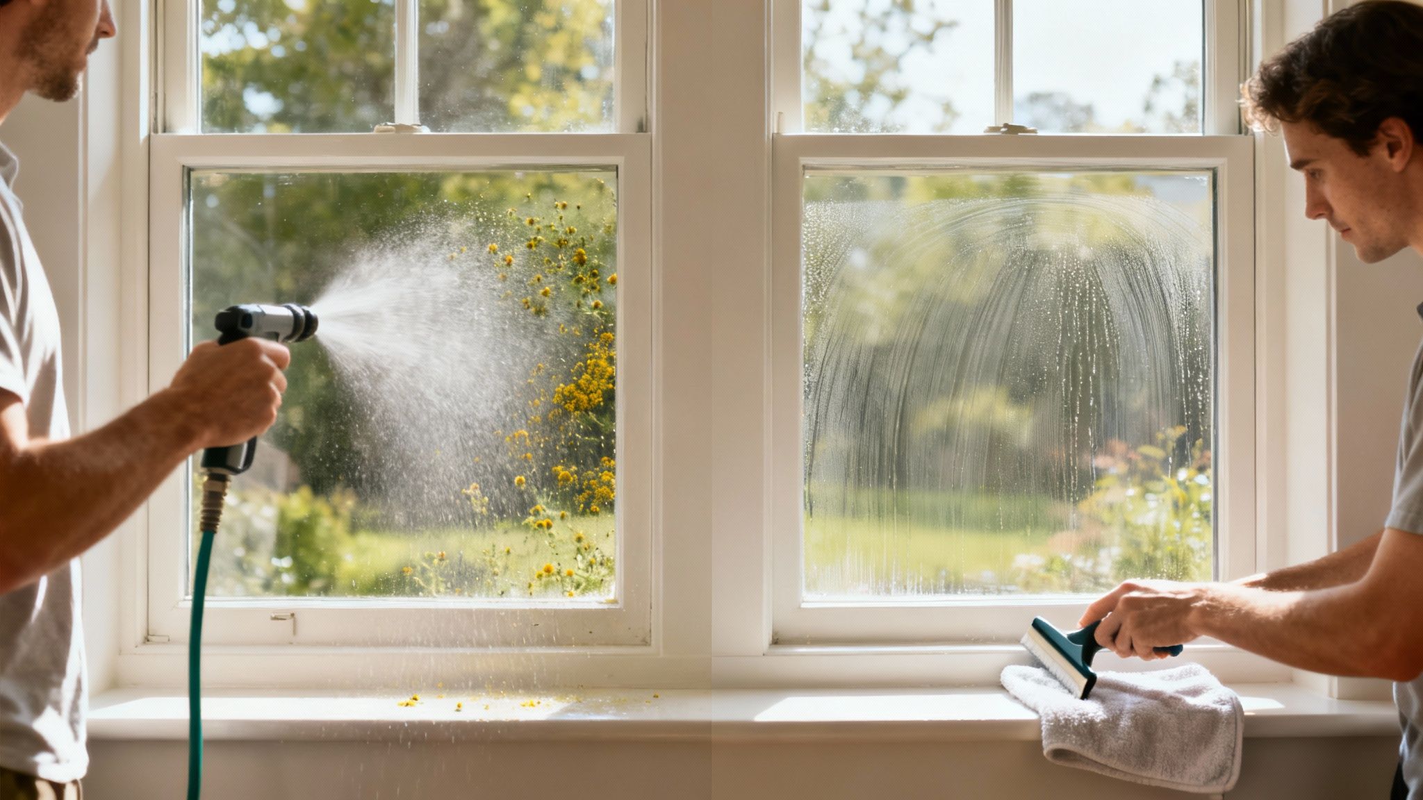 A person cleaning an interior window with care, protecting the floor below.