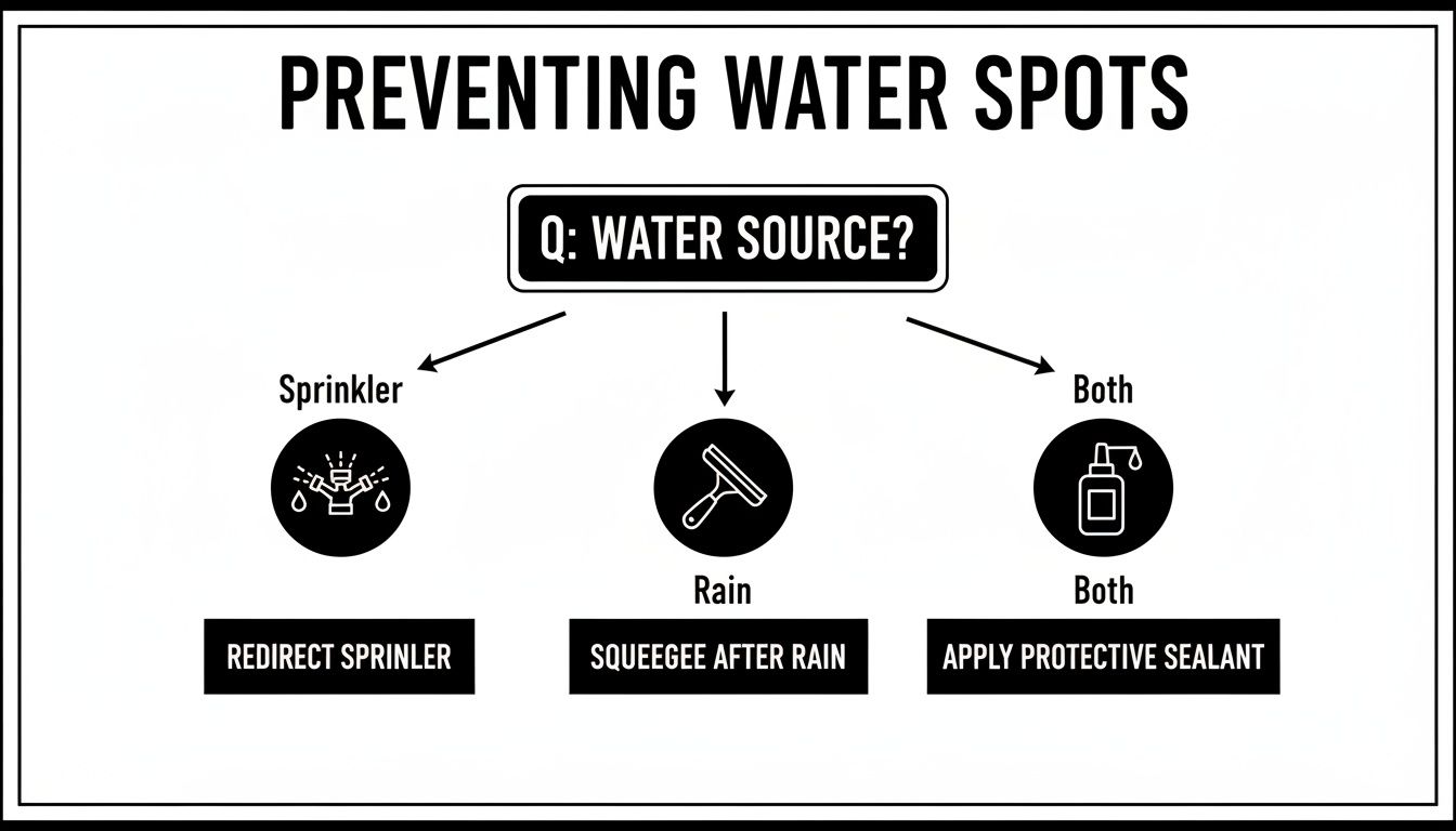 Flowchart illustrating methods to prevent water spots from sprinklers, rain, or both with specific actions.