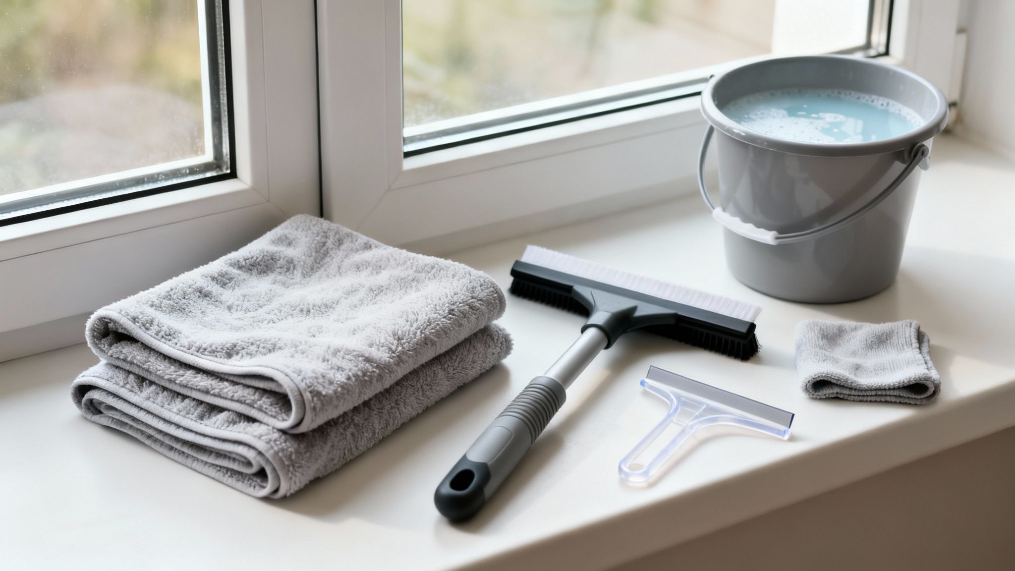 Cleaning supplies on a white window sill, including stacked towels, squeegees, and a bucket of soapy water, ready for window cleaning.