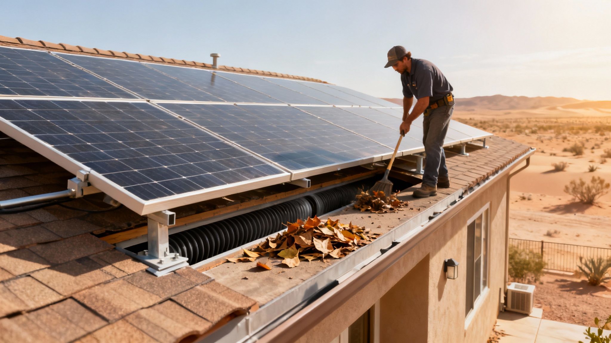 A man sweeps fallen leaves from the gutter of a house with solar panels in a desert setting.
