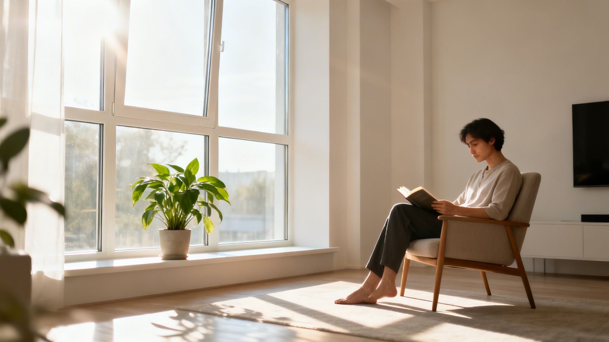 A young man reads a book in a sunlit room by a large clean window with a plant.