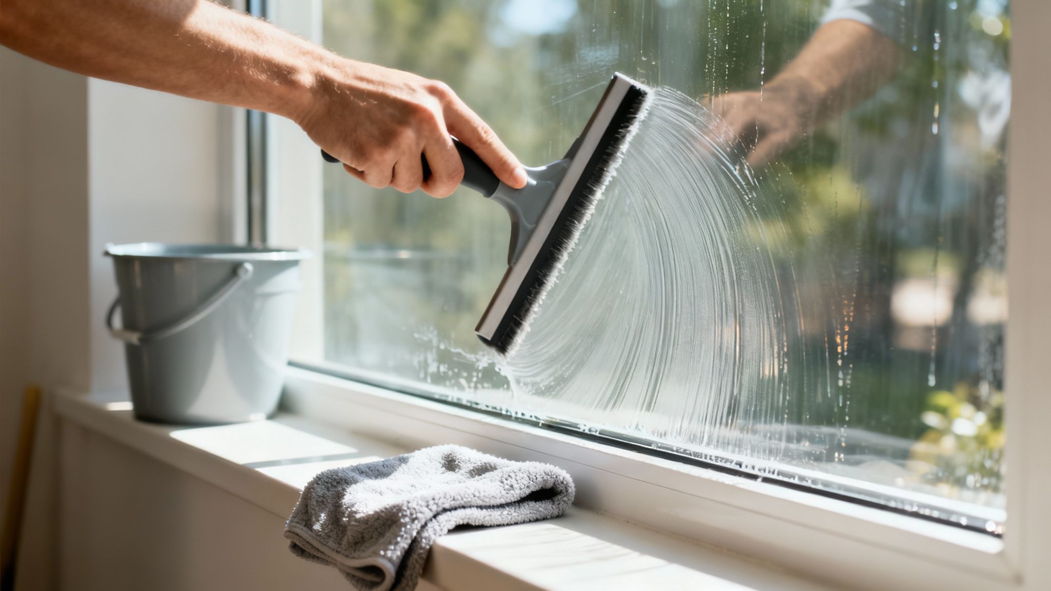 A person's hand uses a squeegee to clean a soapy window, with a bucket and towel nearby.