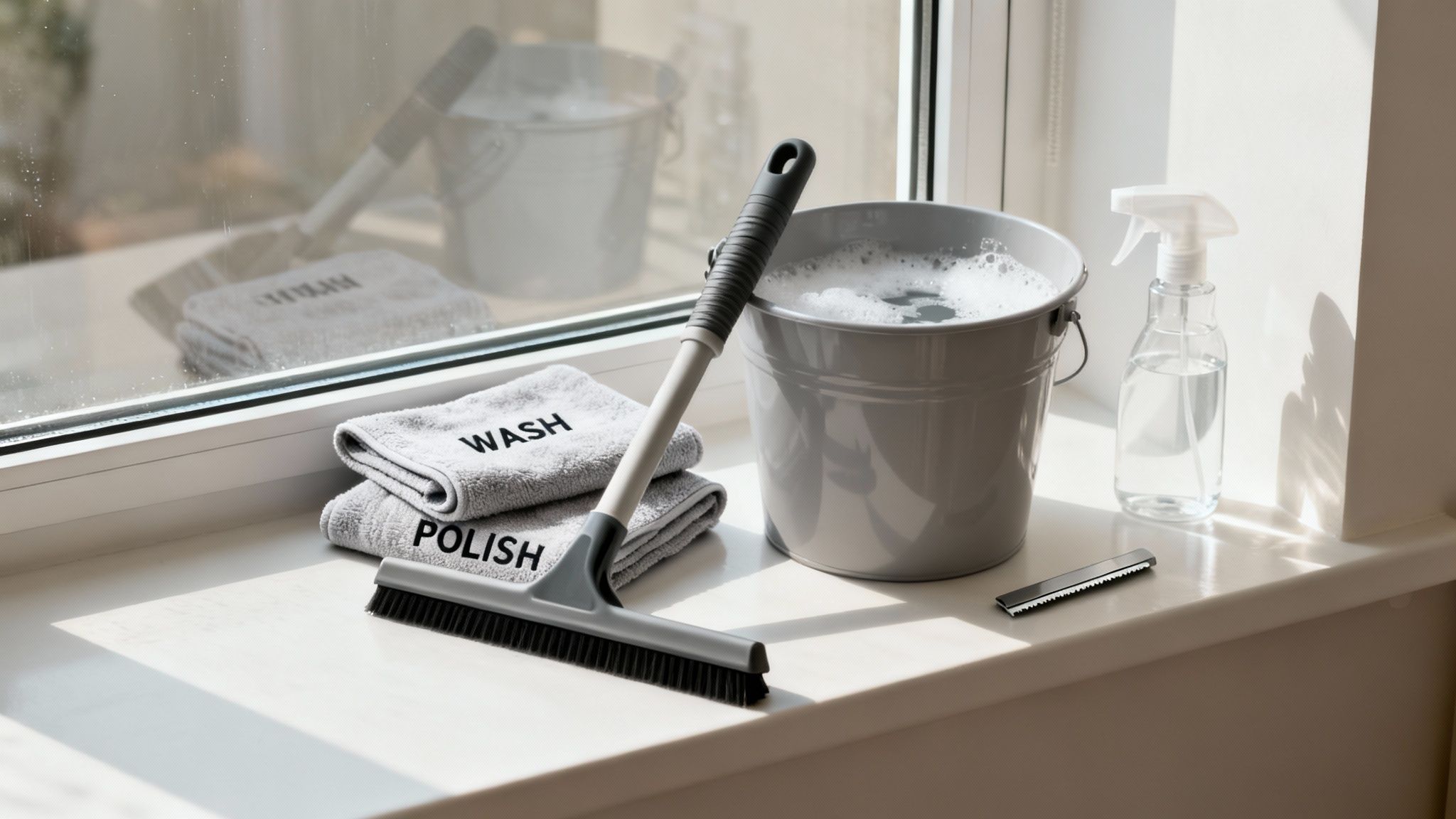 Window cleaning supplies like a bucket, squeegee, towels, and spray bottle on a windowsill.