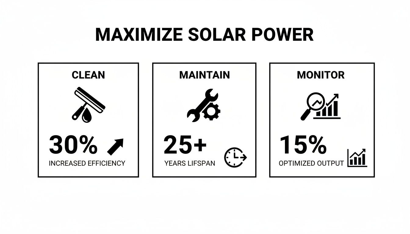 Infographic demonstrating three key steps – clean, maintain, and monitor – to maximize solar panel power.