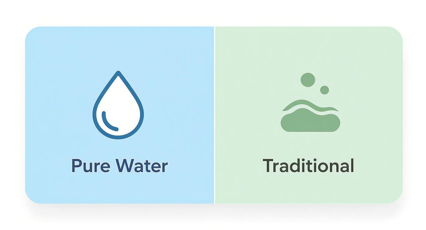 Infographic comparing the eco-friendly pure water method with the soap-based traditional method.