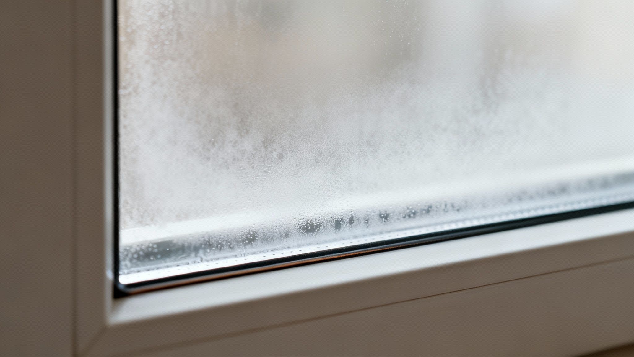 Close-up of a window pane covered in heavy condensation and water droplets, indicating moisture.