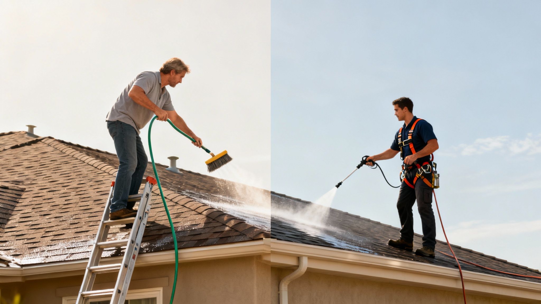 Two men cleaning house roofs, one with a brush and hose, the other with a pressure washer and safety gear.