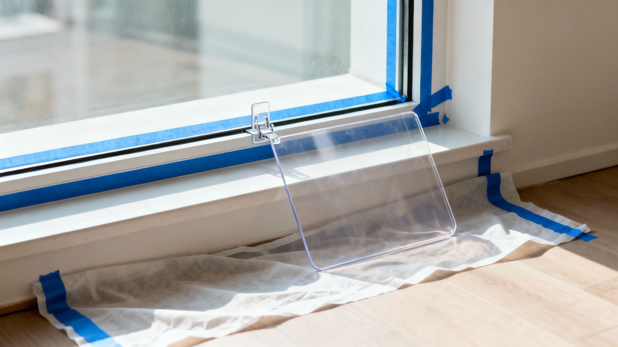 Window taped with blue painter's tape, a paint shield, and a drop cloth on the floor, ready for painting.