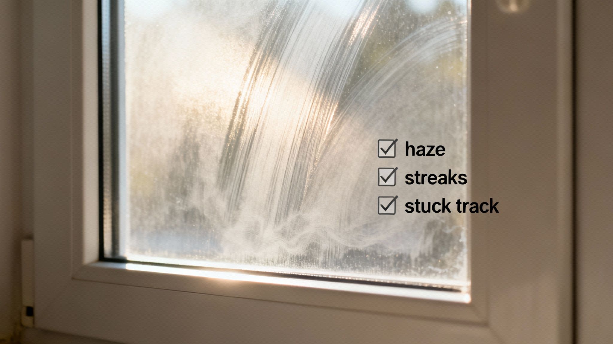 Dirty window with haze, streaks, and stuck track checkboxes showing common window cleaning problems