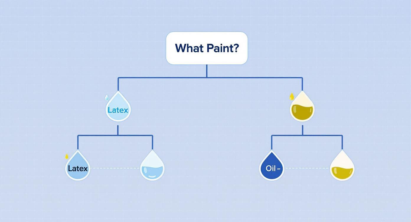 Decision tree flowchart showing latex and oil-based paint type selection and water content differences