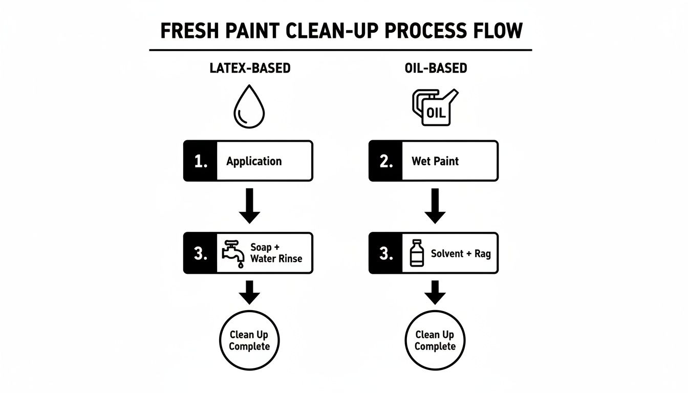 Flowchart showing fresh paint clean-up process for latex-based with soap/water and oil-based with solvent/rag.