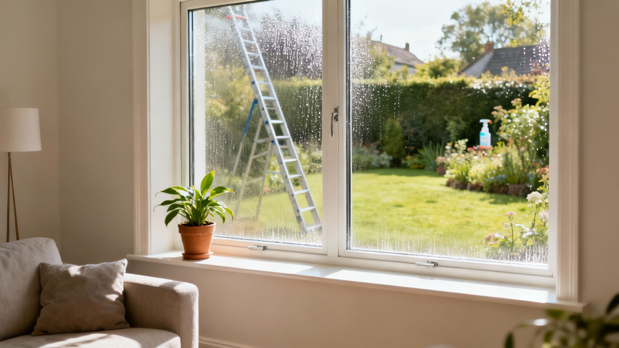 A window cleaning professional using a water-fed pole to clean the exterior of a modern home.