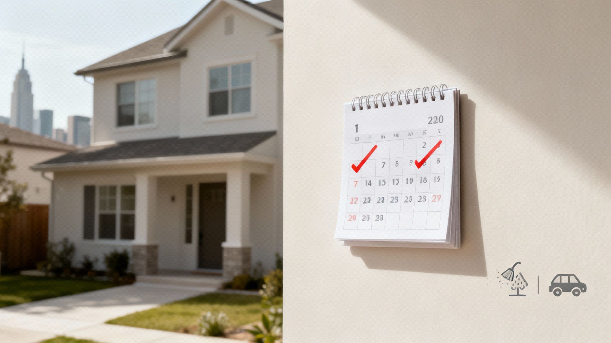 Modern house exterior with calendar showing scheduled dates for home and car maintenance tasks