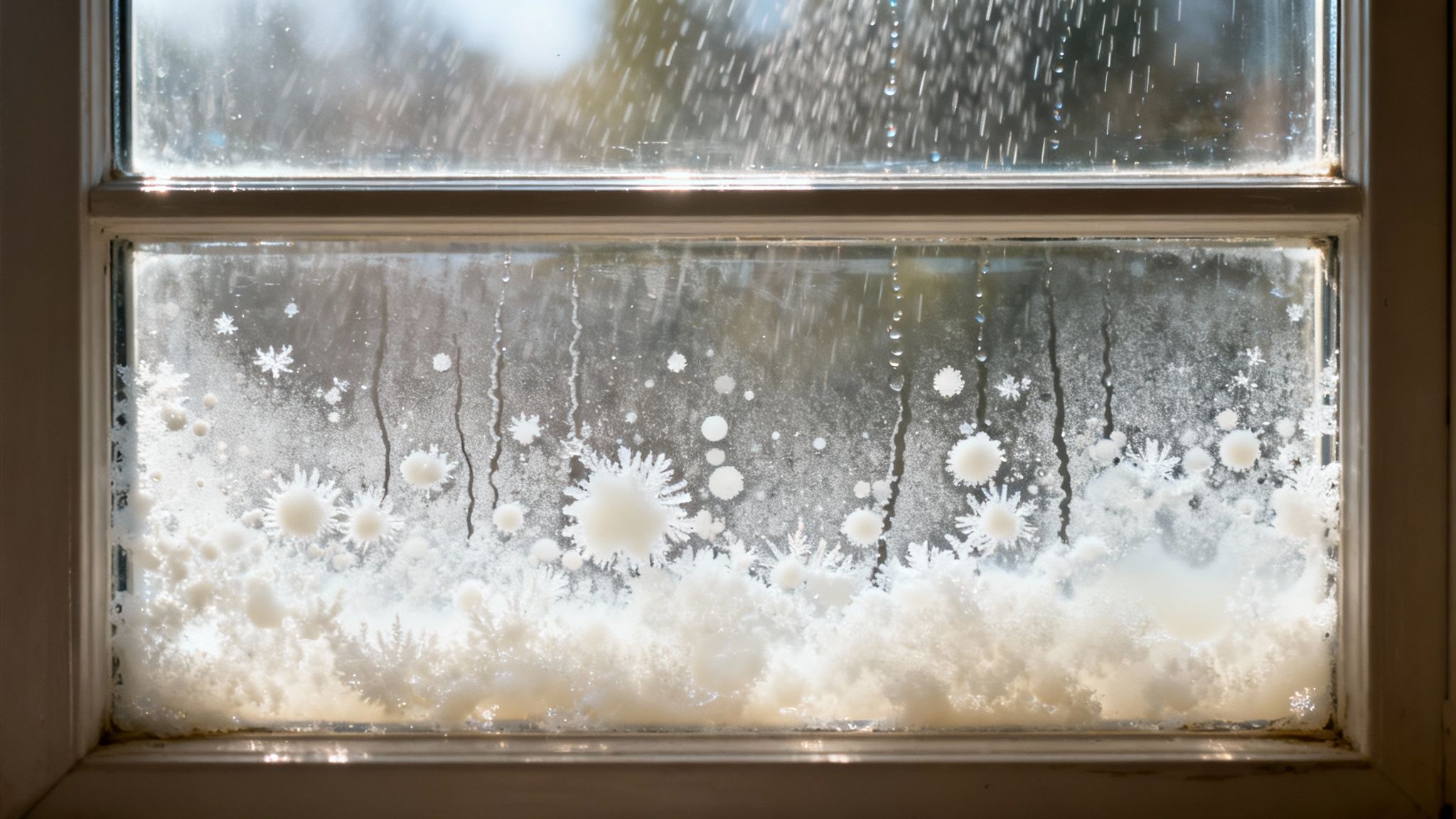 A window pane covered in intricate frost patterns and a thick layer of snow, with rain falling.