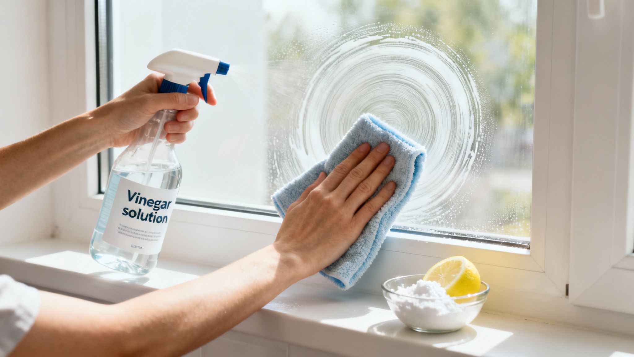 Commercial window cleaning products and tools arranged on a surface.
