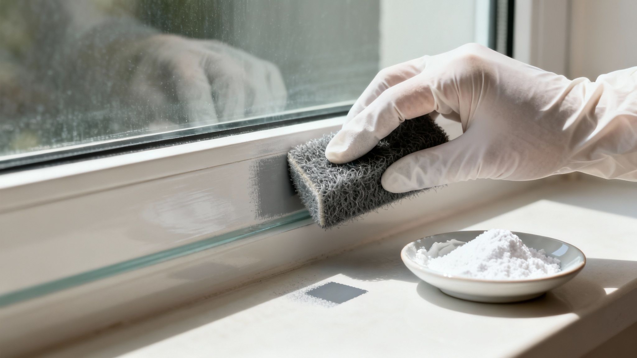 A gloved hand uses a scrubbing sponge to clean dirt from a window frame.