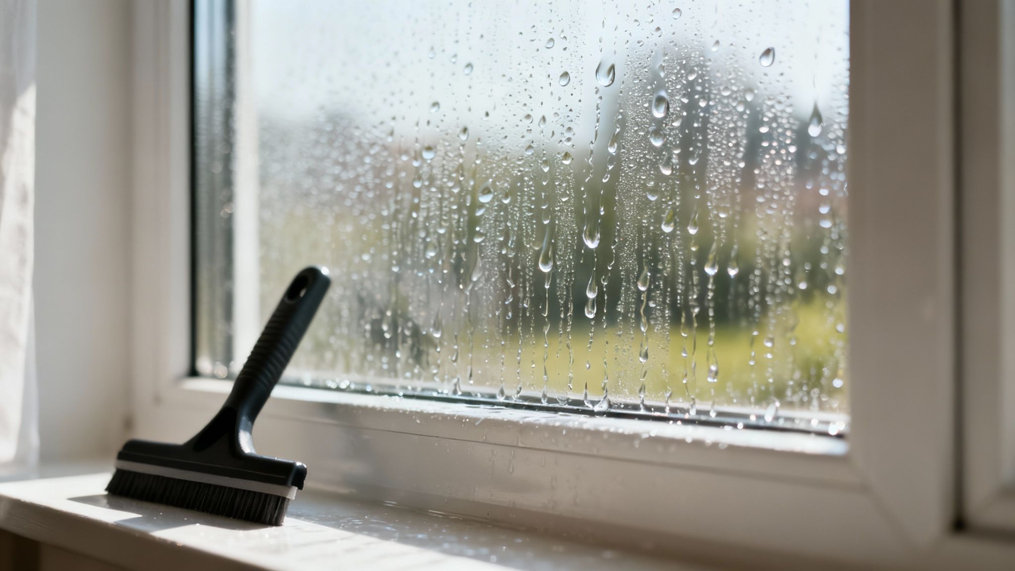 A window with a hydrophobic coating, showing water beading up and rolling off the glass.