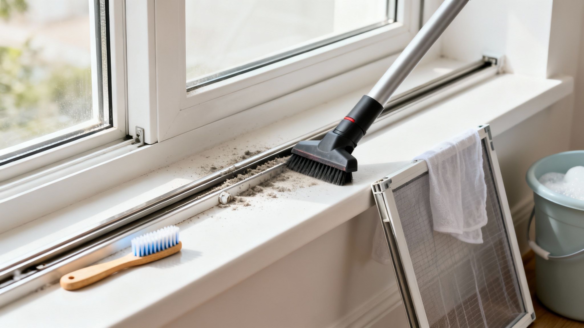 A close-up view of a vacuum cleaner removing dust and dirt from a window sill and track.