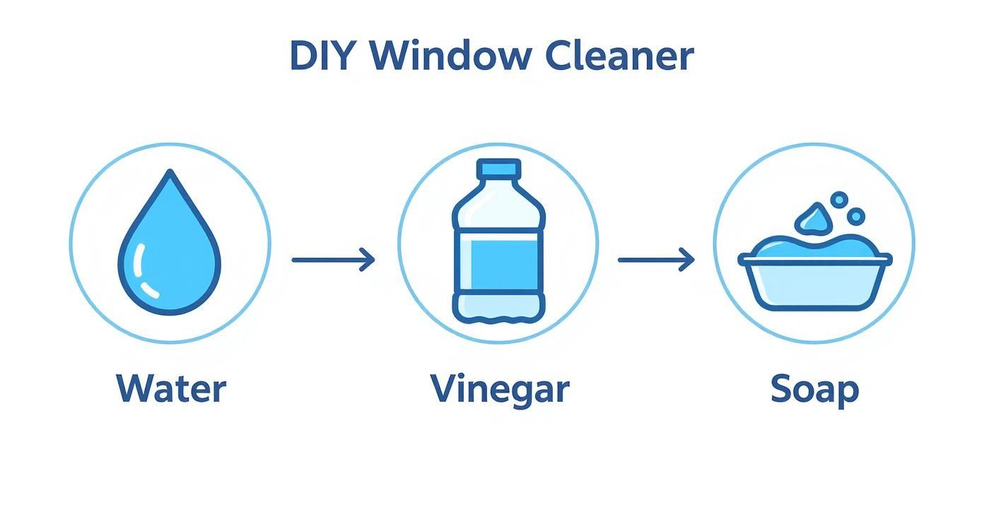 Infographic showing the simple process flow of mixing a DIY window cleaner with icons for water, vinegar, and soap.