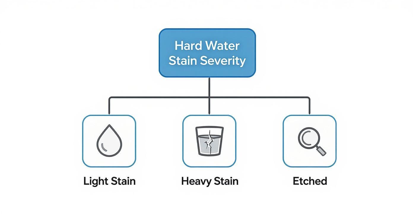 Diagram illustrating the three levels of hard water stain severity: light, heavy, and etched.