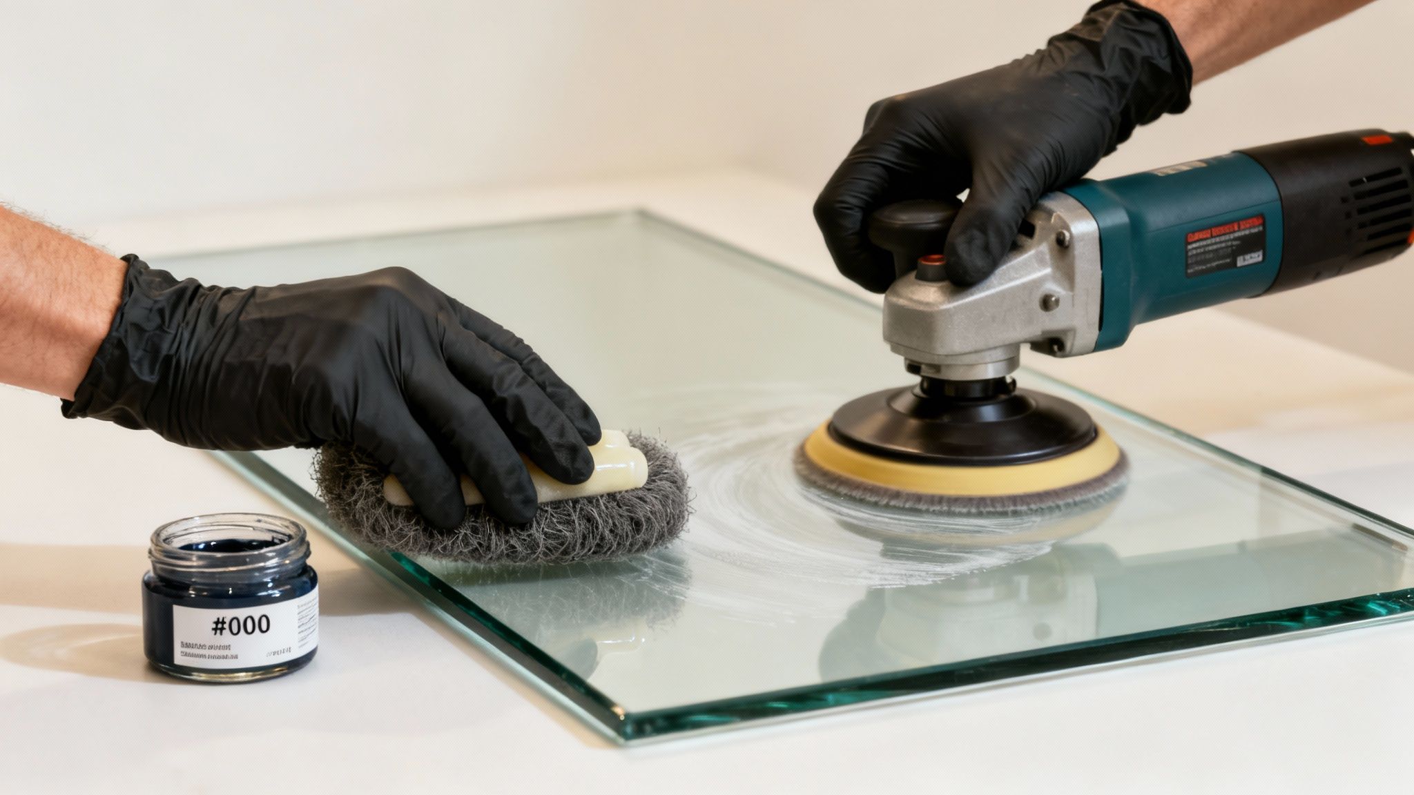 Two gloved hands meticulously cleaning a large glass panel using a scrub brush and a rotary polisher.