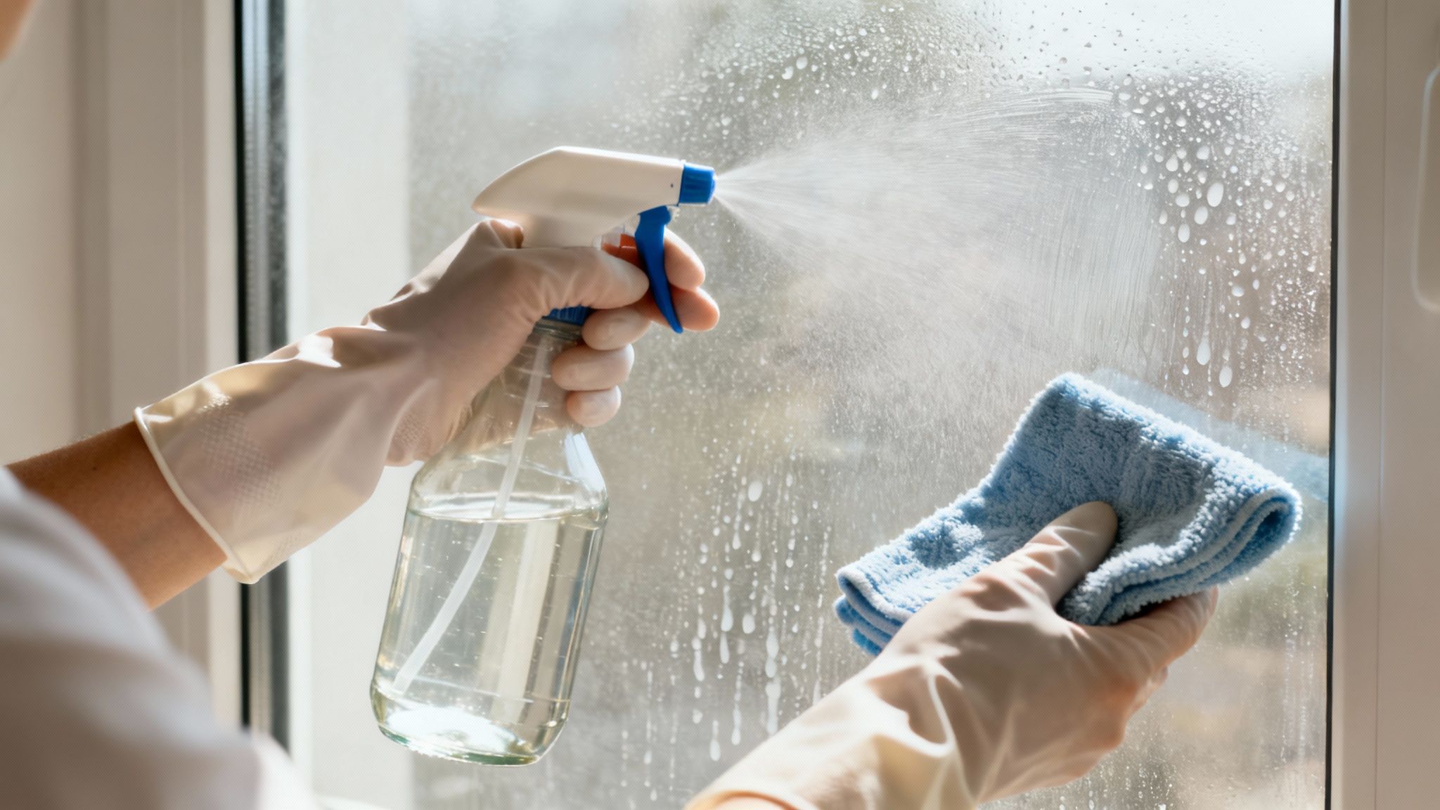 A person in yellow gloves spraying a homemade cleaning solution onto a window with water spots.