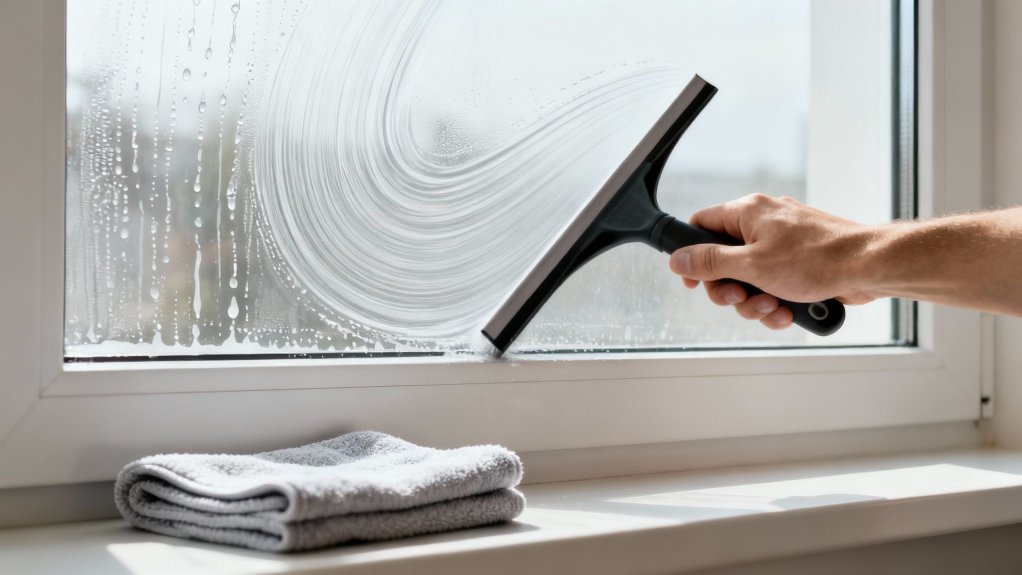 A hand holds a squeegee, cleaning a soapy window with suds and swirls. A grey towel rests on the windowsill.