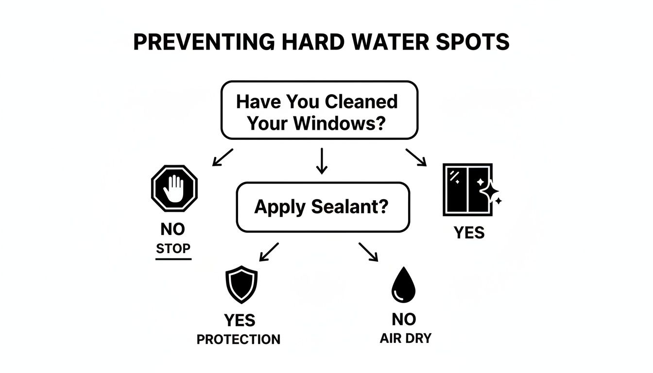 A flowchart detailing steps to prevent hard water spots on windows, including cleaning and applying sealant for protection.