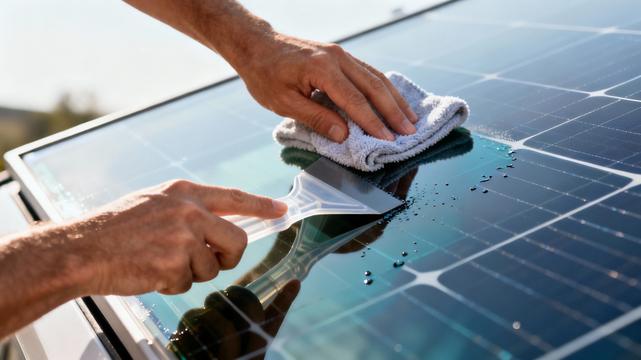 Close-up of hands cleaning a solar panel with a squeegee and a cloth, removing water droplets.