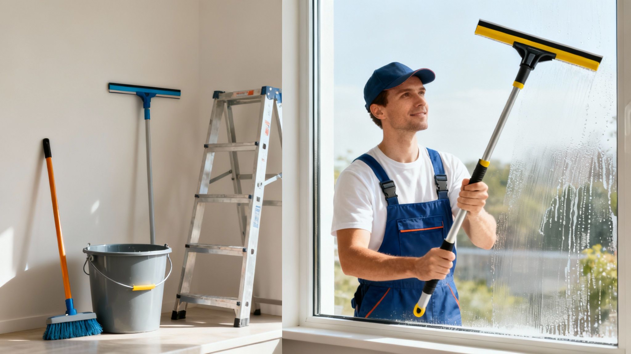 Person using a squeegee to clean a window, illustrating the DIY vs professional debate.