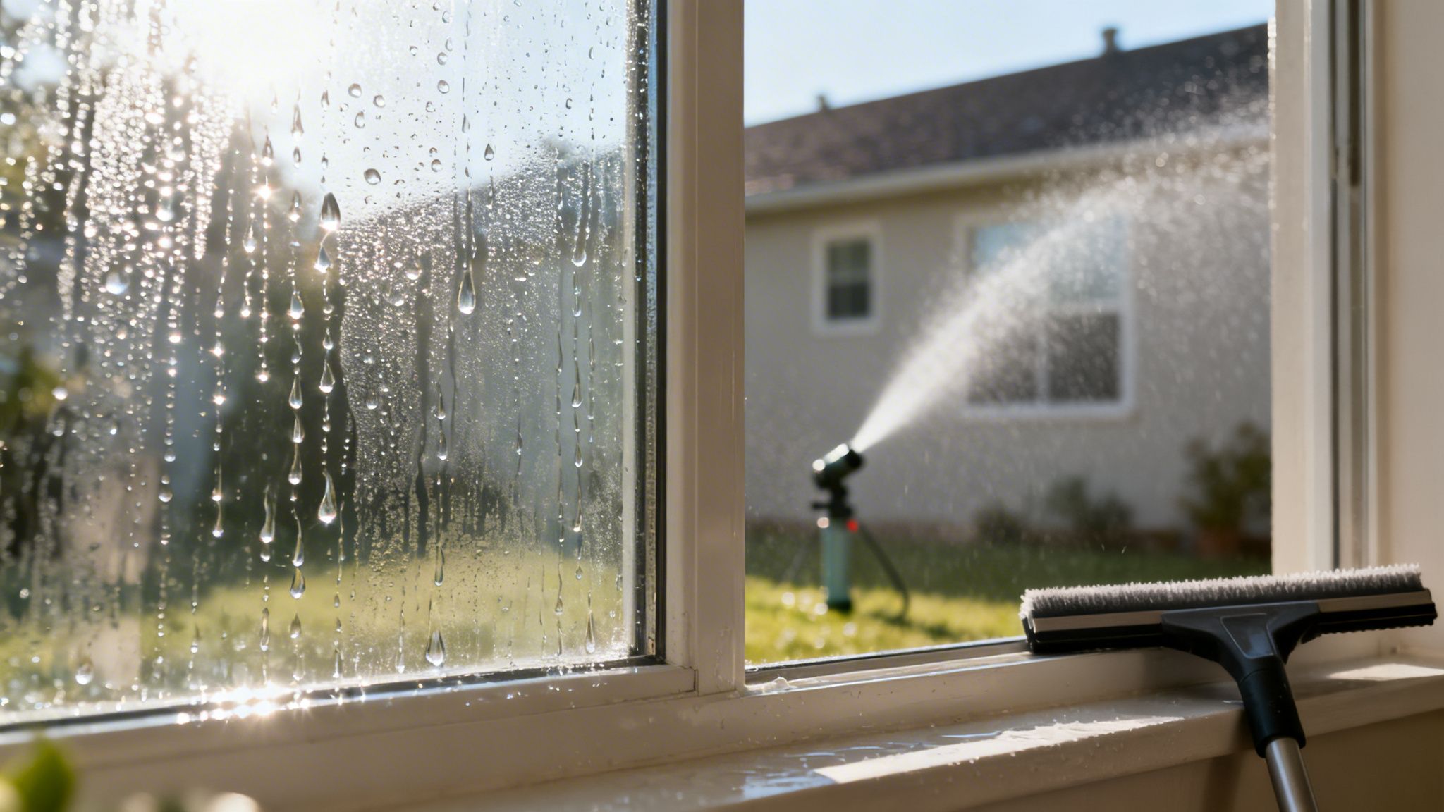 Close-up of a window with water droplets, a squeegee on the sill, and a sprinkler watering a backyard.